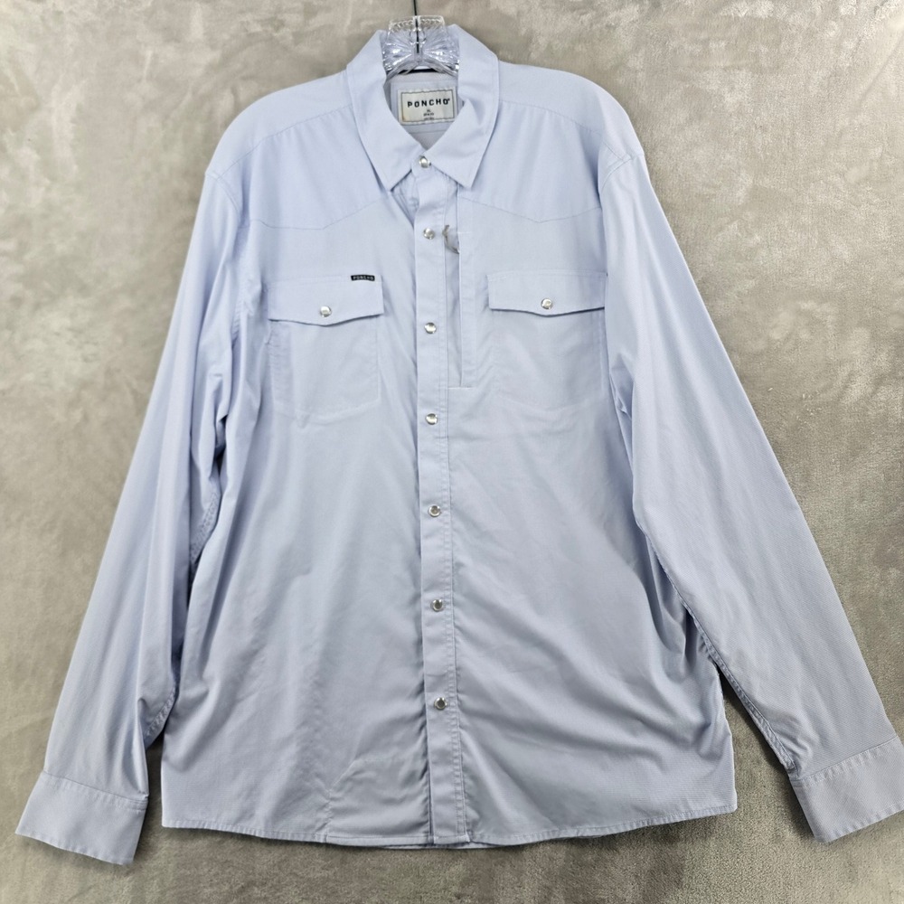 Poncho Western Shirt Men XL Blue Micro Check Pearl Snap Vented Slim Fit